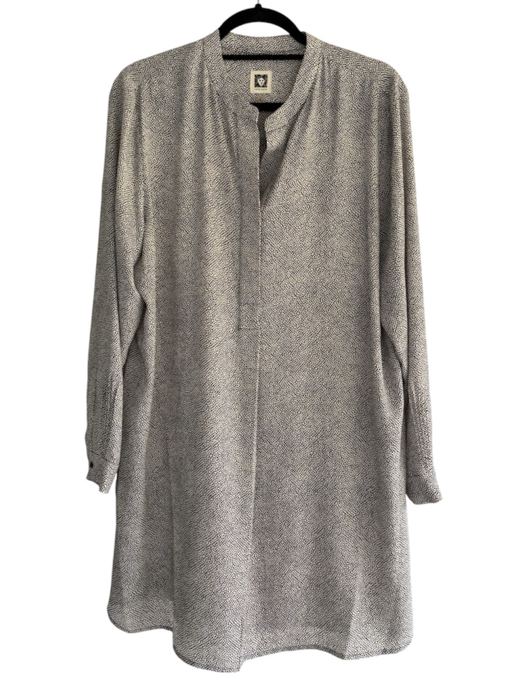 Anne Klein Tunic Top Large Black Cream Print Long Sleeve Split Neck Blouse